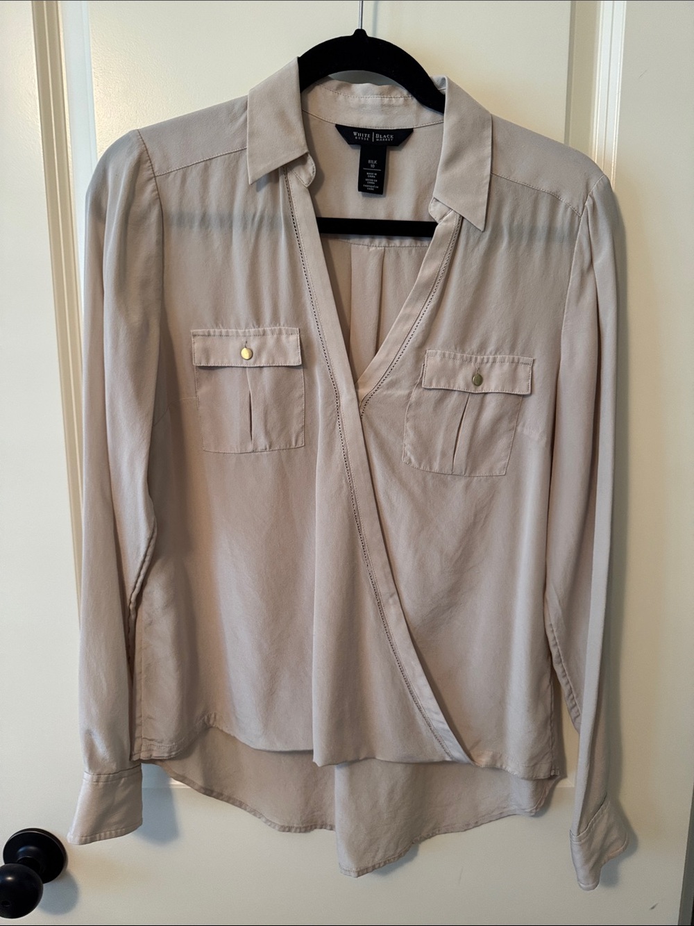 White House Black Market Silk Taupe Wrap-Style Blouse